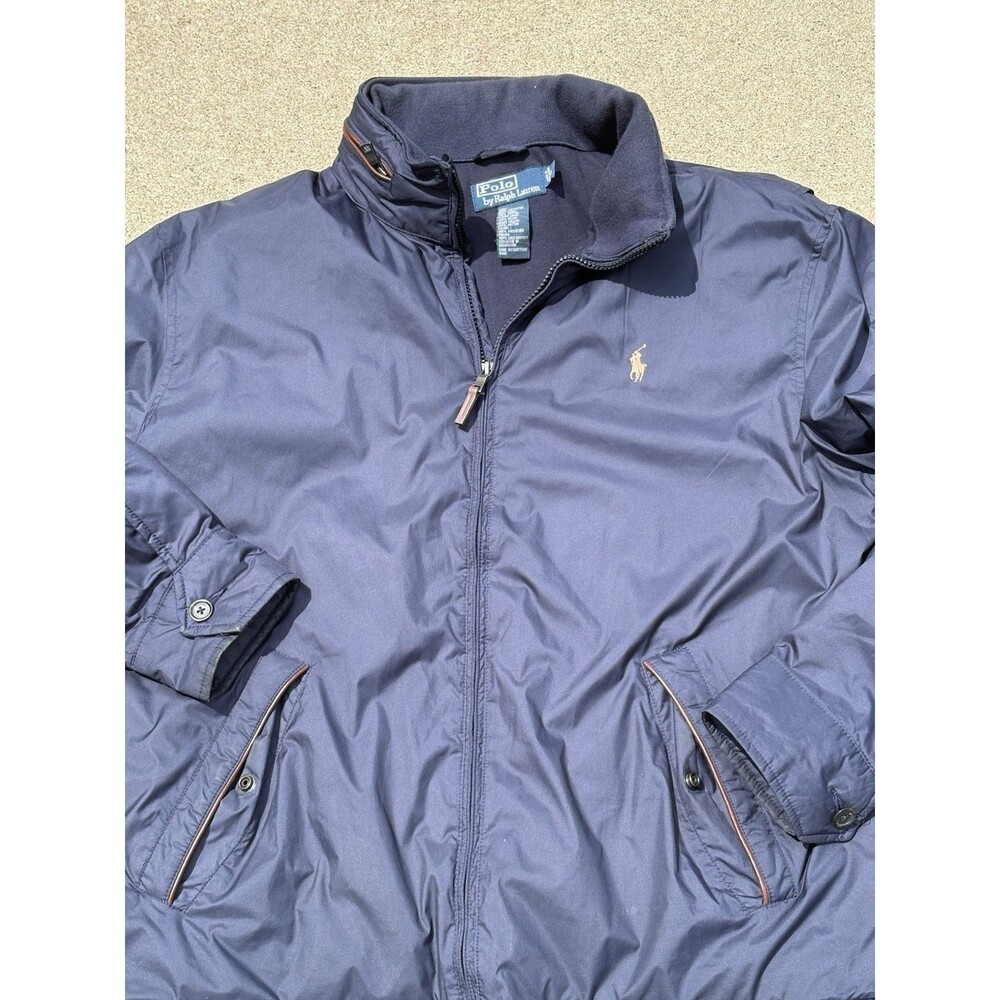 Polo Ralph Lauren Bomber Jacket Men's Sz Lg Blue Stow Hood Leather Trim Pony
